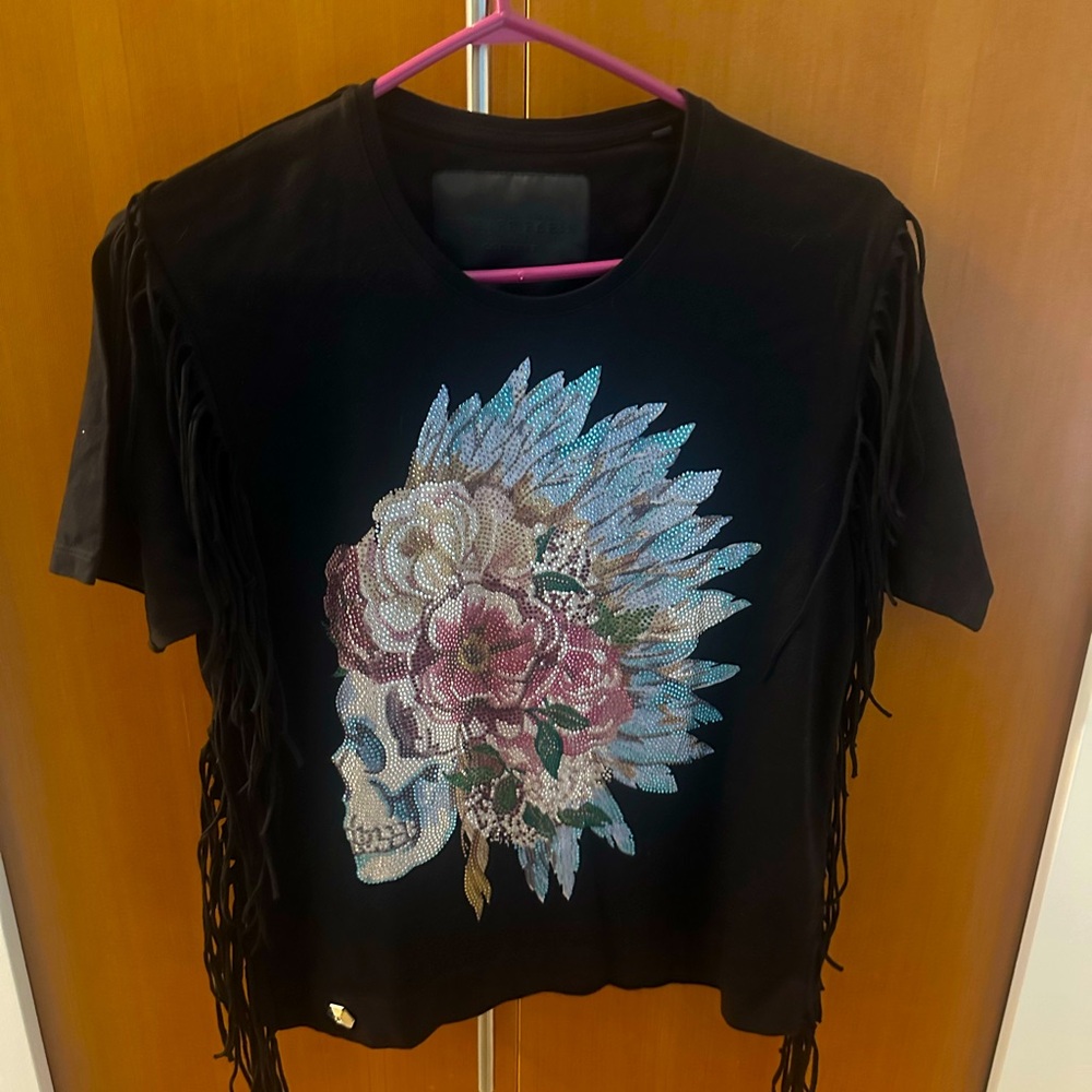Philipp Plein Couture Skull Crystal Fringe Tee Black Size S